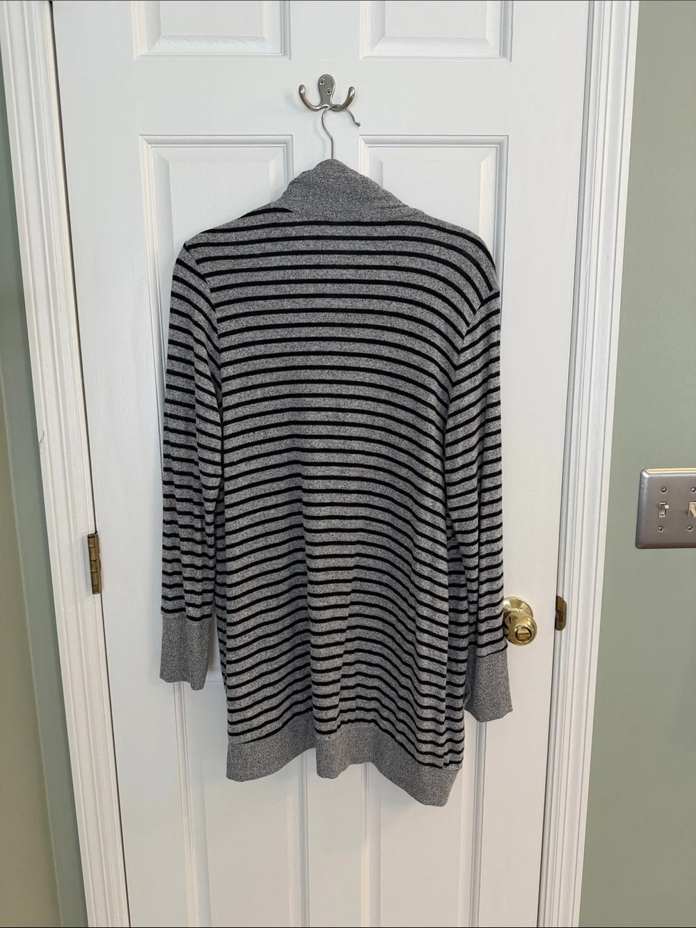 Gray and Black Striped Open-Front Women's Sweater Cardigan